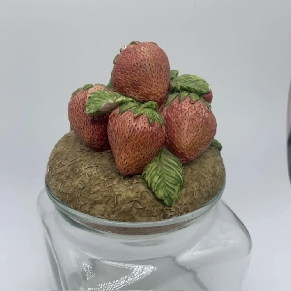 Strawberry Glass Canister Cottagecore Kitchen Storage Jar Ceramic Fruit Lid Cork